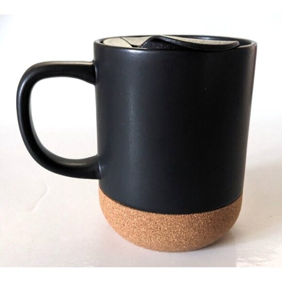 New Debco Travel Mug Native Design Black Brown Stoneware Cork Tight Lid 12 Oz. - Picture 2 of 9